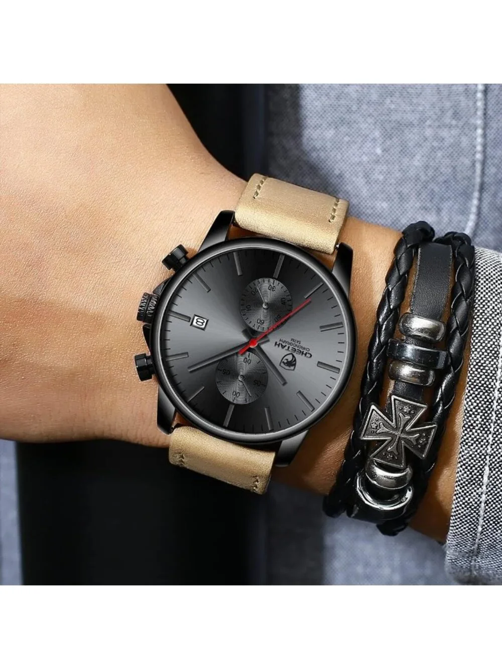 Men's Red hand Fashion Sleek Minimalist Quartz Analog Chronograph Wristwatch